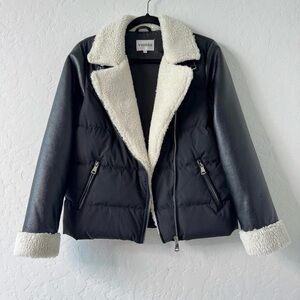 Vigoss Black and White Faux Shearling & Faux Leather Puffer Jacket